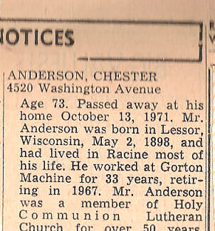 Obituary of Chester Anderson from Racine Journal-Times, Racine, Wisconsin