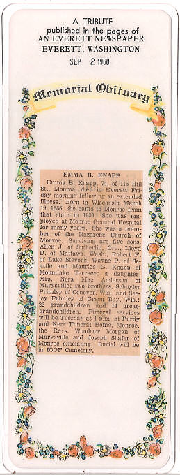 Emma Primley Knapp Obituary bookmark from the Everett Herald