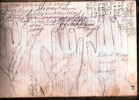 Knapp Family Journal hand tracings of Robert and Wayne Knapp and Darwin Wilson, June 10, 1917
