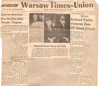 Seneca Primley obituary and newspaper article from the Warsaw Times