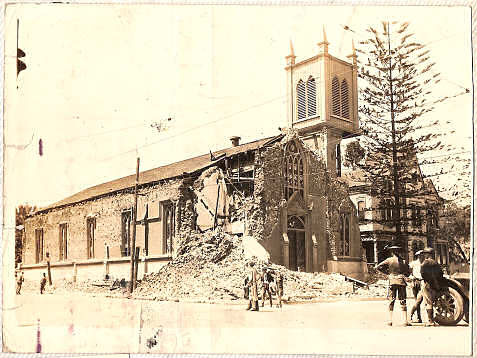 Our Lady of Sorrow Church in Santa Barbara after earthquake, circa June 1925