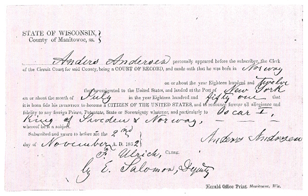 Andrias Anderson Citizenship Certificate, United States, 1852, Wisconsin