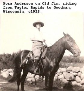 nora anderson riding old jim to goodman wisconsin 1923