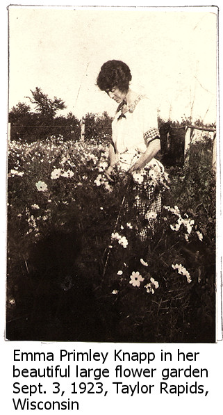 Emma Primley Knapp in her flower garden in Taylor Rapids, Wisconsin, September 3, 1923