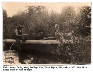 Melvin Knapp fishing on the Peshtigo River, Taylor Rapids, Wisconsin, c 1920s