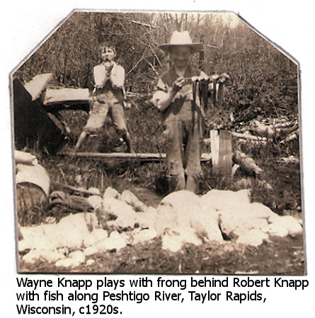 Wayne and Robert Knapp playing alongside the Peshtigo River, Taylor Rapids, Wiscson, c1920