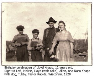 Knapp family, Melvin, Lloyd, Allen, and Nora on Lloyd's 12th birthday in Taylor Rapids, Wisconsin