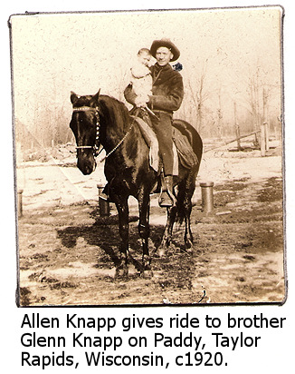 Allen Knapp rides on horse, Paddy, with brother, Glenn Knapp, Taylor Rapids, Wisconsin, circa 1920