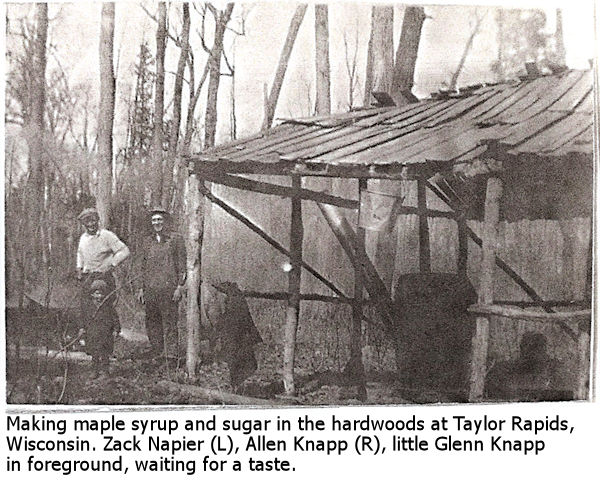 Knapp family making maple syrup with Zack Napier and Allen and Glenn (baby) Knapp. Circa 1924