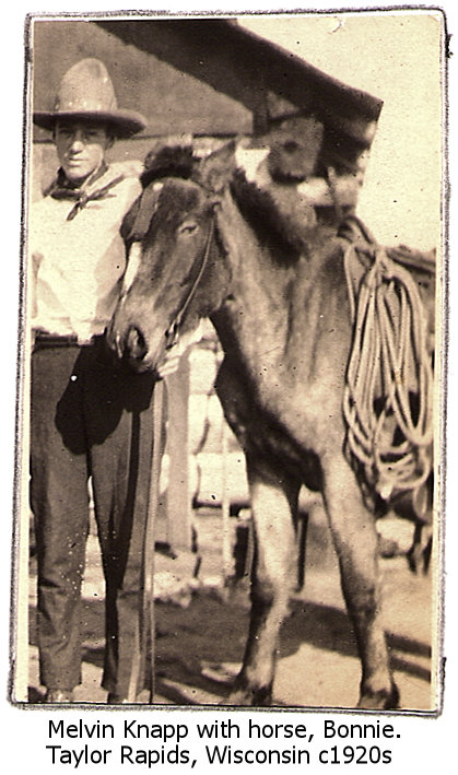 Melvin Knapp next to horse, Bonnie, in Taylor Rapids or Goodman, Wisconsin circa 1920