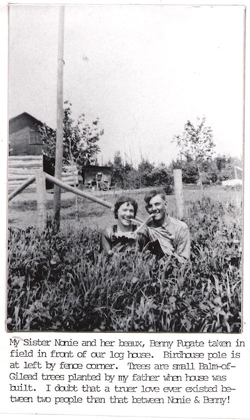 Nora Knapp and Benny Fugate in garden next to Knapp log cabin home, circa 1924