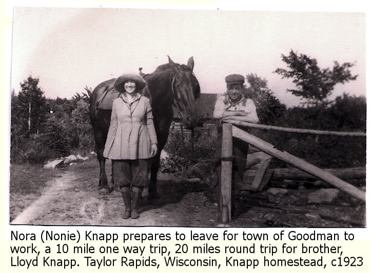 Nora Knapp stands next to horse, Old Jim, ready to leave with Lloyd Knapp for the 10 mile ride to Goodman to work. Circa 1923