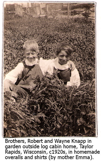 Robert and Wayne Knapp circa 1920s, outside log cabin in garden, Taylor Rapids, Wisconsin