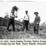 Sealy Primley, Melvin Knapp, and Allen Knapp in Knapp hay field in Taylor Rapids, Wisconsin, circa 1920s