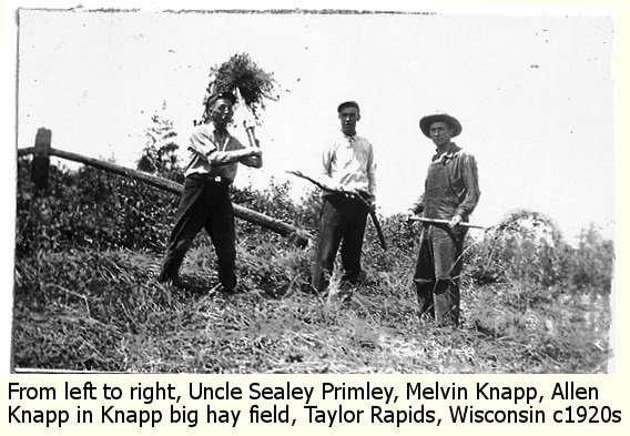 Sealy Primley, Melvin Knapp, and Allen Knapp in Knapp hay field in Taylor Rapids, Wisconsin, circa 1920s