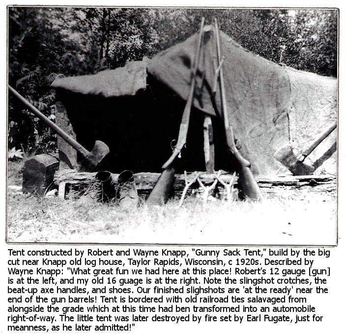 Tent built by Robert and Wayne Knapp circa 1924 along Peshtigo River, Taylor Rapids, Wisconsin